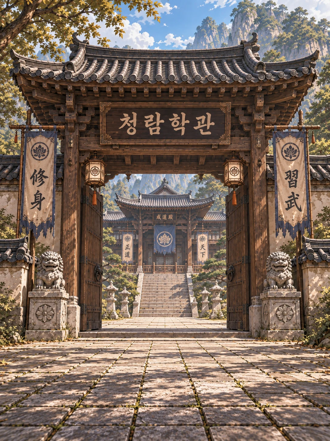 태산의 산세를 뒤로 한 청람학관의 목조 대문과 안뜰